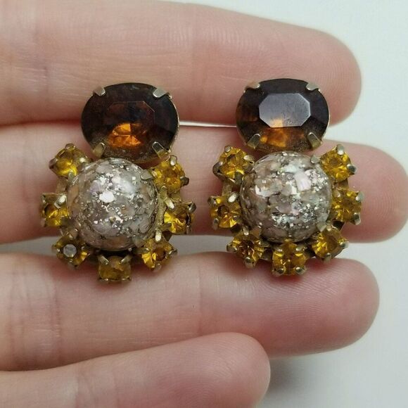 Vintage Cabochon Rhinestone Clip On Earrings, Yellow Brown 50s 60s Style, Estate - Picture 2 of 6